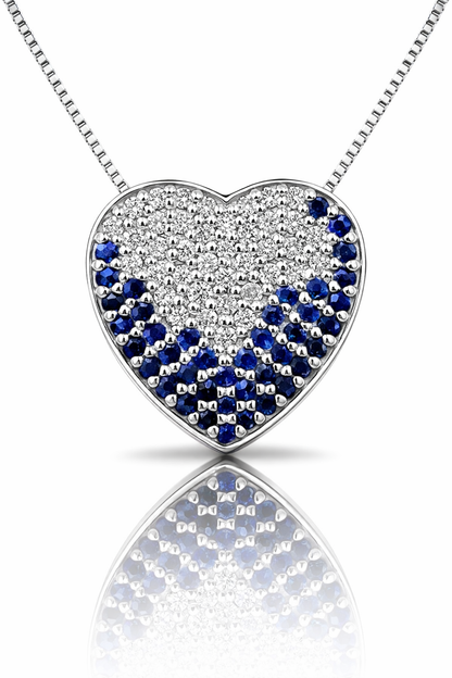 Collana cuore pavé con diamanti 0,40 ct e zaffiro blu 0,45 ct  in oro bianco 18Kt (750)