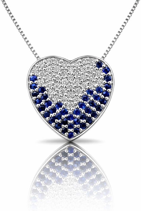 Collana cuore pavé con diamanti 0,40 ct e zaffiro blu 0,45 ct  in oro bianco 18Kt (750)