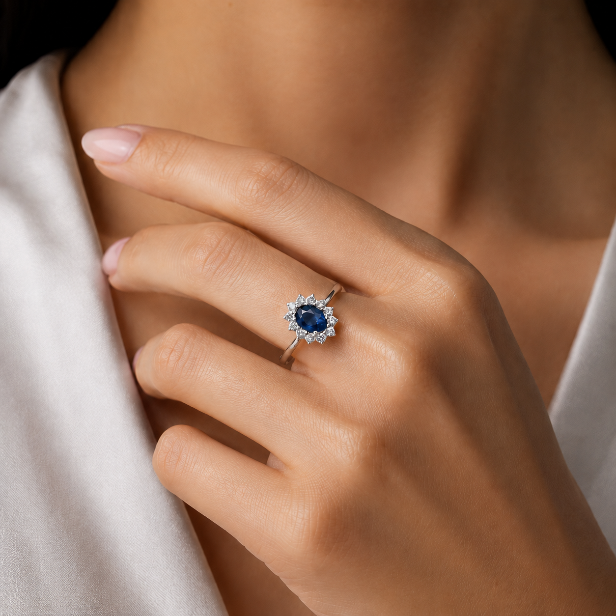 Anello con zaffiro blu ovale ct 0,55 e diamanti ct 0,20 in oro bianco 18kt (750)