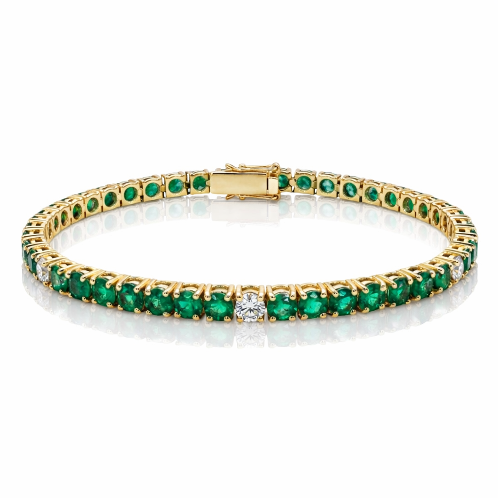 Bracciale Tennis con smeraldo 7,80 ct e diamanti 0,89 ct in oro giallo 18kt (750) – 21 cm