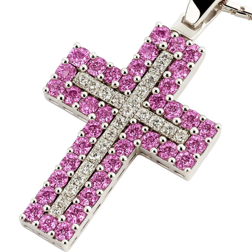 Collana con croce in oro bianco 18K con diamanti bianchi ct 0,10 e Zaffiri Rosa ct 0,58