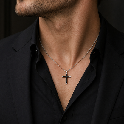 Collana Croce con Diamanti bianchi ct 0,25 Diamanti Neri ct 1,07 in oro bianco 18kt (750)