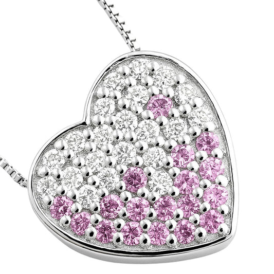 Collana cuore pavé in oro bianco 18K con diamanti 0,25 ct e zaffiro rosa 0,20 ct