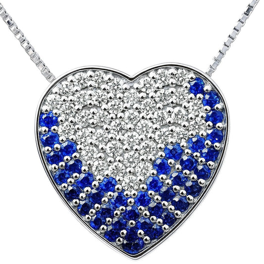 Collana cuore pavé in oro bianco 18K con diamanti 0,40 ct e zaffiro blu 0,45 ct