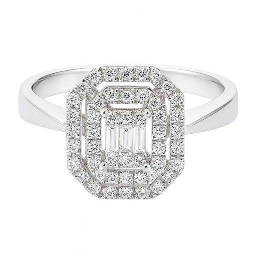 Anello rettangolare in oro bianco 18k impreziosito da diamanti bianchi 0,60 ct