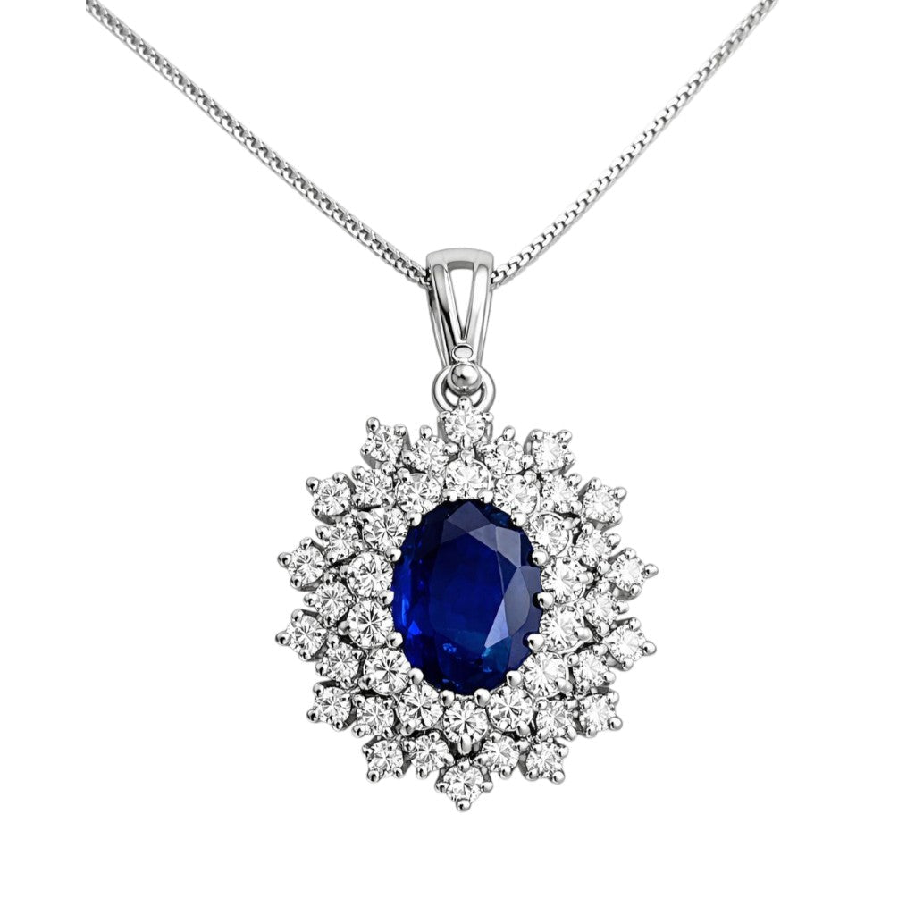 Collana pendente con zaffiro ovale ct 0,97 e diamanti ct 0,45 in oro bianco 18kt (750)