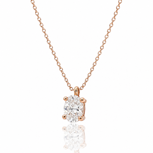 Collana con pendente diamante ovale ct 0,30 e diamante rotondo ct 0,20 in oro rosa 18kt (750) certificato HRD Antwerp