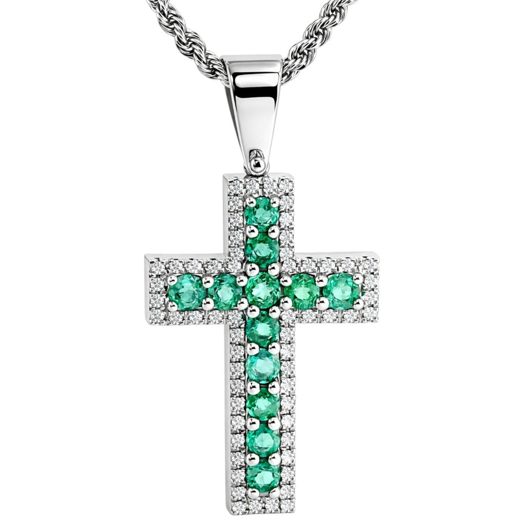 Collana croce con Smeraldi 1,45 ct e Diamanti 0,50 ct in oro bianco 18kt (750)