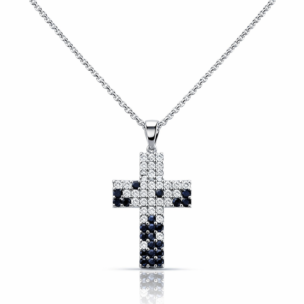 Collana a croce in pavé con zaffiri blu 0,49 ct diamanti bianchi ct 0,72 in oro bianco 18kt (750)