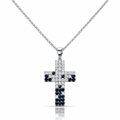 Collana a croce in pavé con zaffiri blu 0,49 ct diamanti bianchi ct 0,72 in oro bianco 18kt (750)