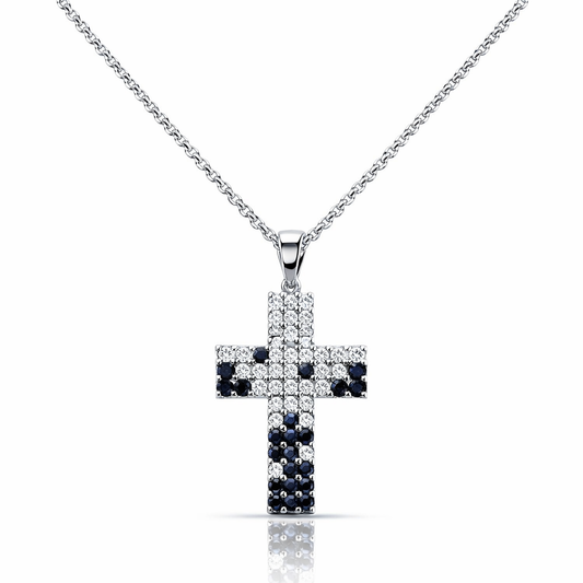 Collana a croce in pavé con zaffiri blu 0,49 ct diamanti bianchi ct 0,72 in oro bianco 18kt (750)