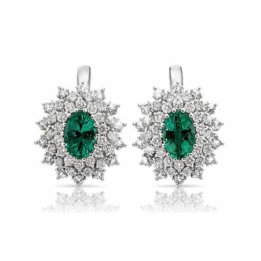 Orecchini ovali con doppio giro di diamanti ct 0,75 e di smeraldi 1,25 ct in oro bianco 18 kt (750)