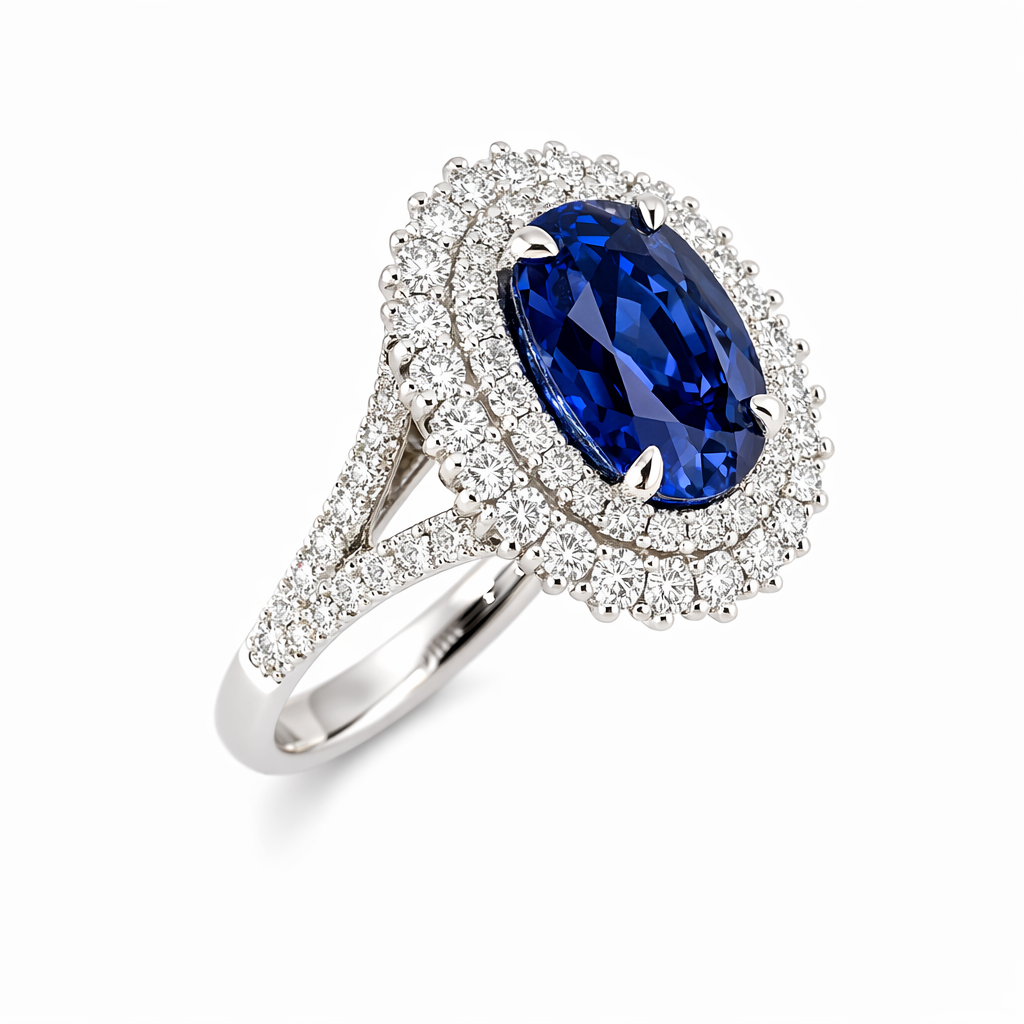 Anello con doppio contorno di diamanti ct 1,12 e zaffiro blu ovale Ct 3,35 in oro bianco 18kt (750) hrd Antwerp