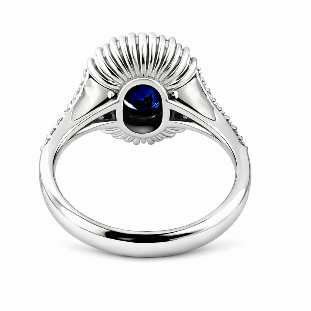 Anello con doppio contorno di diamanti ct 1,12 e zaffiro blu ovale Ct 3,35 in oro bianco 18kt (750) hrd Antwerp