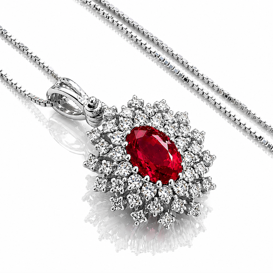 Collana con pendente rubino ovale ct 0,75 e diamanti ct 0,27 in oro bianco 18kt (750)