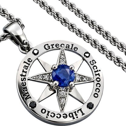 Collana con pendente rosa dei venti con zaffriro blu e diamanti in oro bianco 18kt (750)