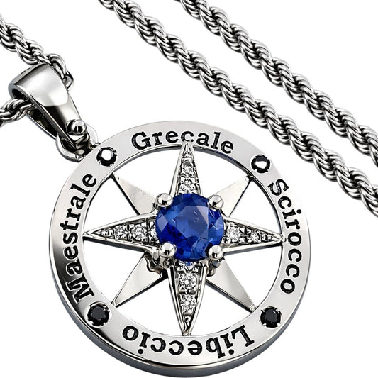 Collana con pendente rosa dei venti con zaffriro blu e diamanti in oro bianco 18kt (750)