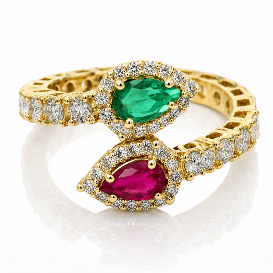 Anello contrarié diamanti ct 0.80 smeraldo ct 0.30 e rubino ct 0.50 a goccia in oro giallo 18kt (750)