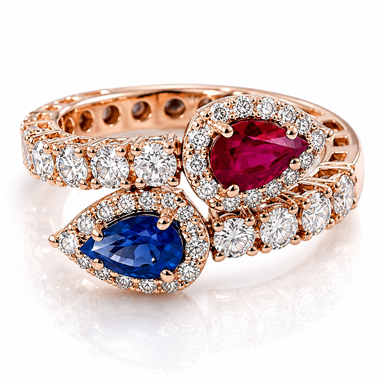 Anello contrarié diamanti ct 0.80 zaffiro ct 0.52 e rubino ct 0.58 a goccia in oro rosa 18kt (750)
