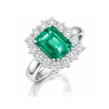 Anello con Smeraldo Ottagonale ct 1,34 e contorno di Diamanti ct 0,45  in oro bianco 18kt (750)