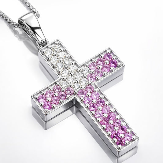 Collana con pendente a croce in pavé con zaffiri rosa ct 0,51 e diamanti bianchi naturali ct 0,24 in oro bianco 18 kt (750)