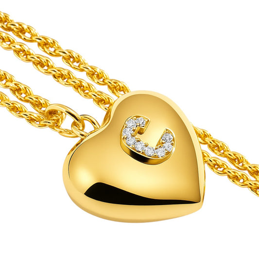 Collana cuore bombato in oro 18 kt con lettera personalizzata in diamanti ct 0,14
