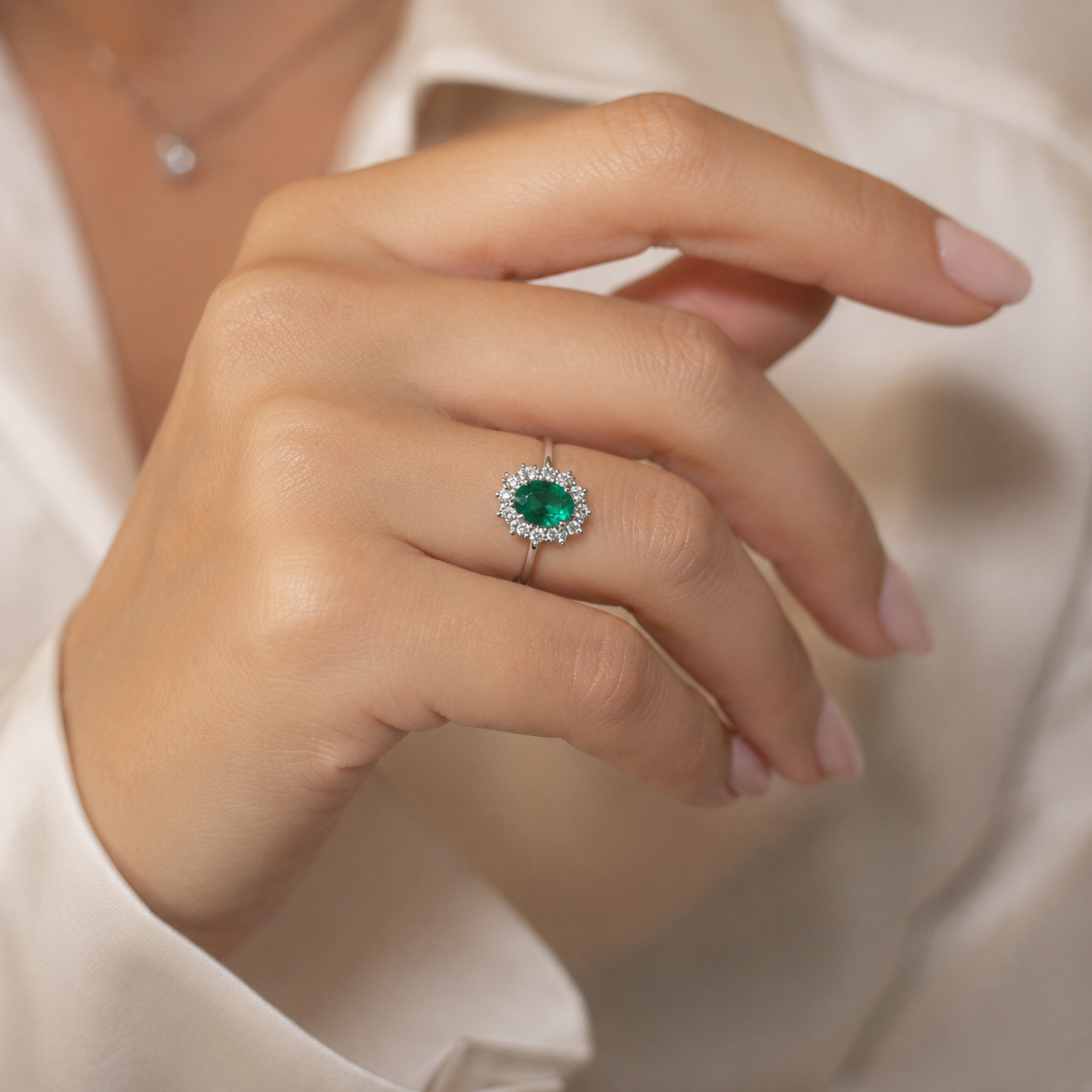 Anello con smeraldo ovale ct 1,60 e diamanti ct 0,60 in oro bianco 18kt (750)