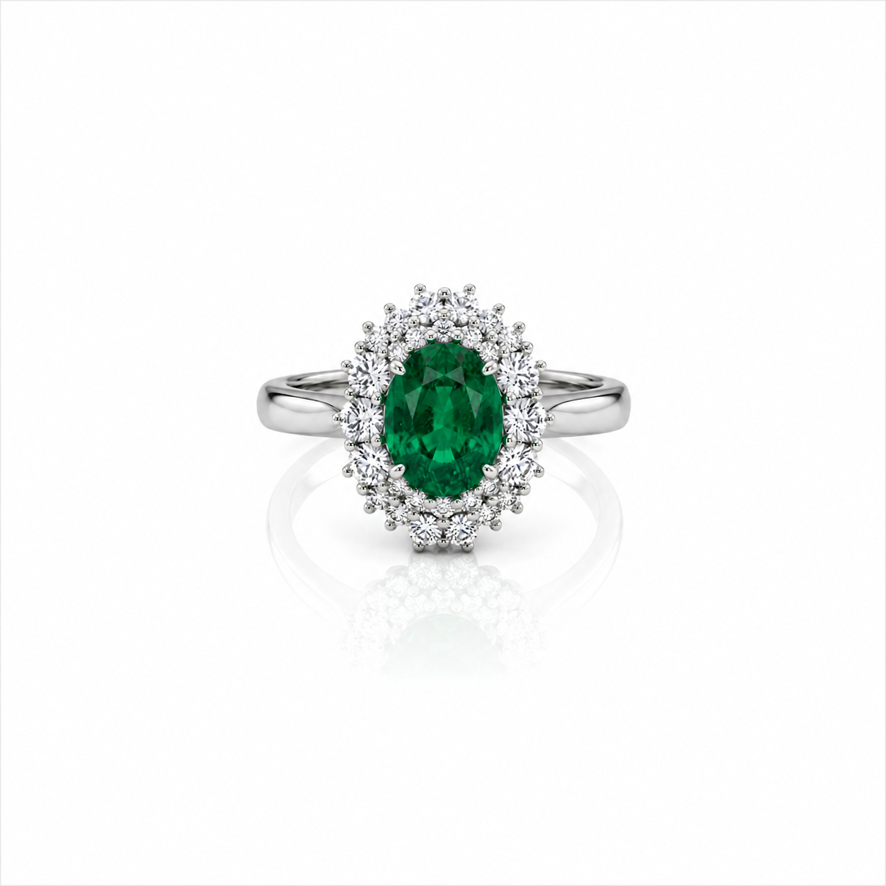 Anello con smeraldo ovale ct 1,60 e diamanti ct 0,60 in oro bianco 18kt (750)