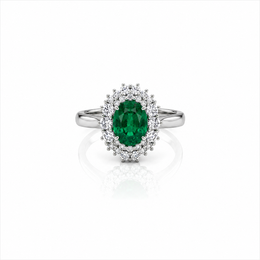 Anello con smeraldo ovale ct 1,60 e diamanti ct 0,60 in oro bianco 18kt (750)