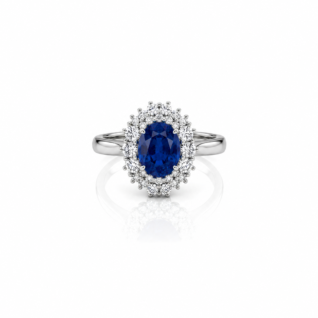 Anello con zaffiro blu ovale ct 1,60 e diamanti ct 0,60 in oro bianco 18kt (750)