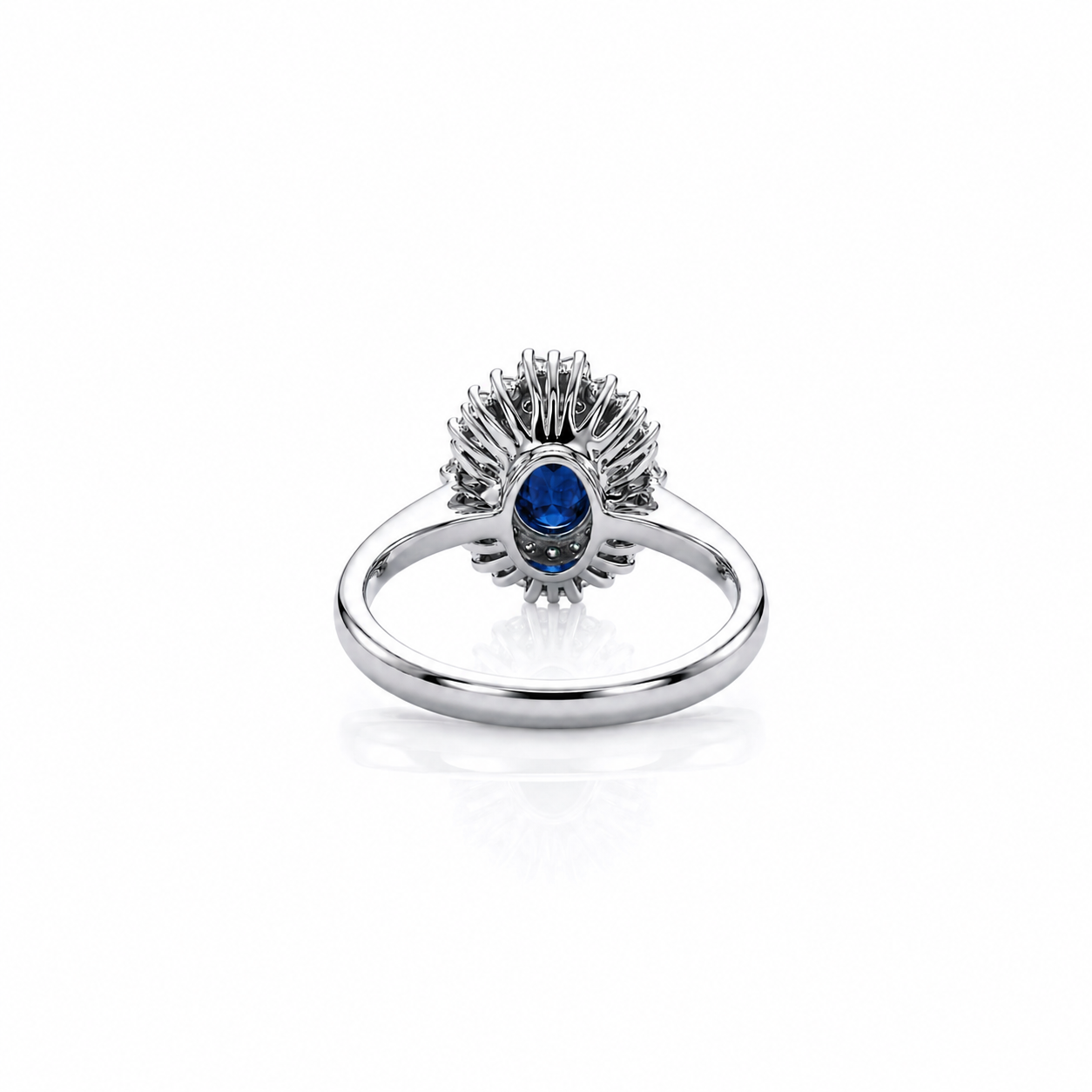 Anello con zaffiro blu ovale ct 1,60 e diamanti ct 0,60 in oro bianco 18kt (750)
