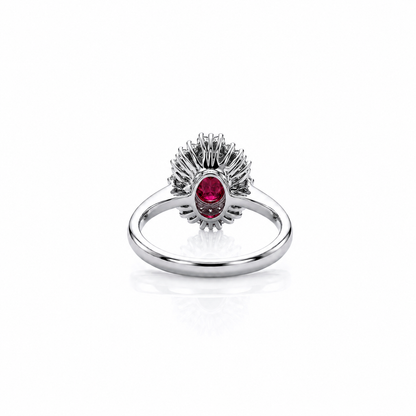 Anello con rubino ovale ct 1,60 e diamanti ct 0,60 in oro bianco 18kt (750)