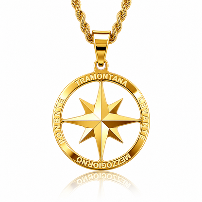 Collana funetta con pendente rosa dei venti in oro giallo 18kt (750) - 2.80gr - Oreficeria