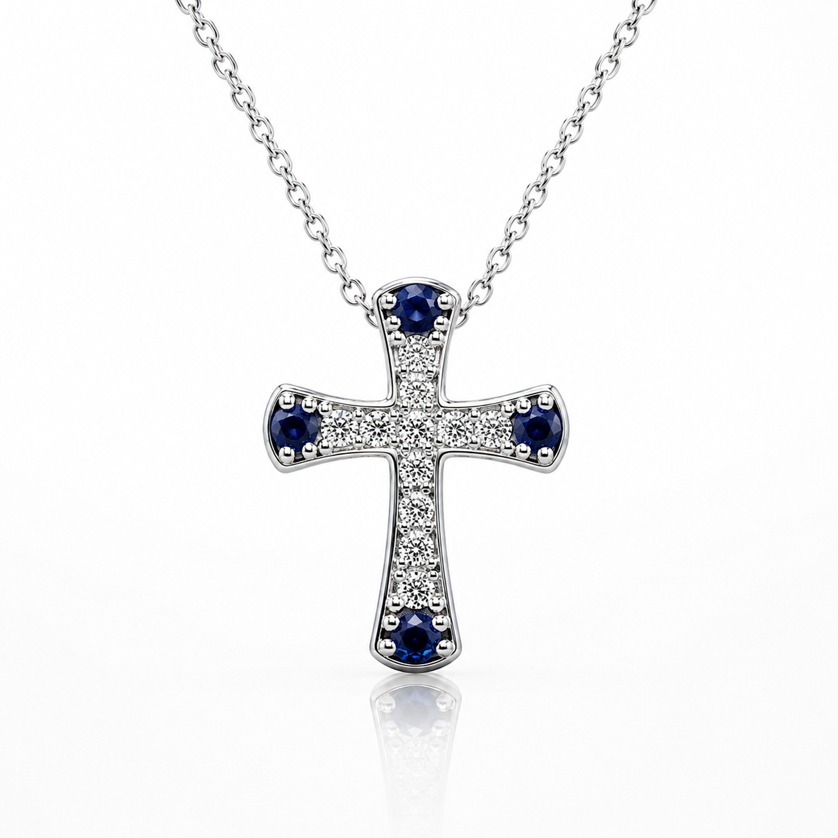 Collana Croce con diamanti ct 0,35 e zaffiri blu ct 0,16 in oro bianco 18kt (750)
