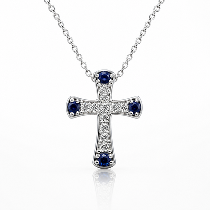 Collana Croce con diamanti ct 0,35 e zaffiri blu ct 0,16 in oro bianco 18kt (750)