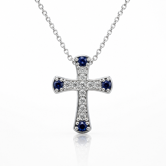 Collana Croce con diamanti ct 0,35 e zaffiri blu ct 0,16 in oro bianco 18kt (750)