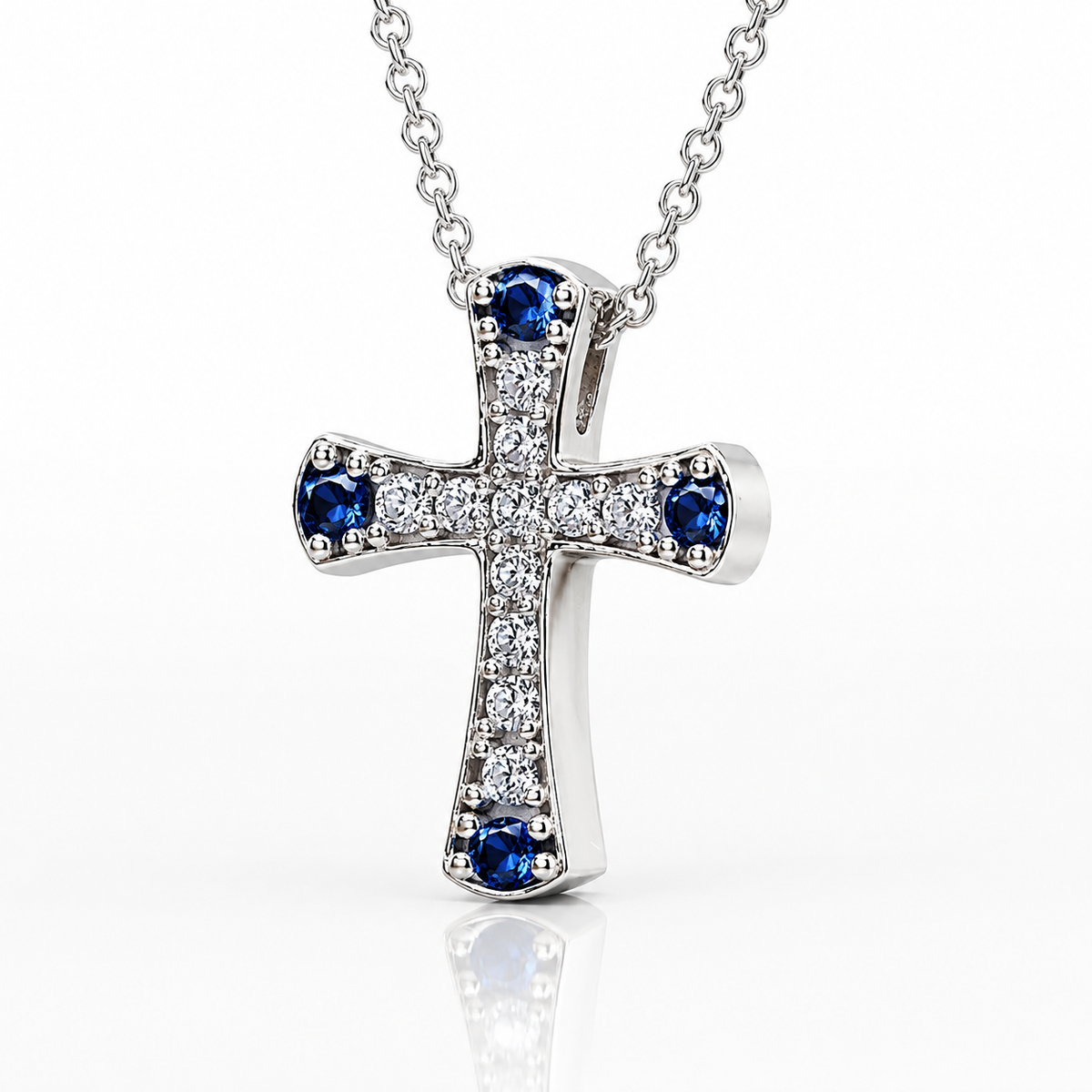 Collana Croce con diamanti ct 0,35 e zaffiri blu ct 0,16 in oro bianco 18kt (750)