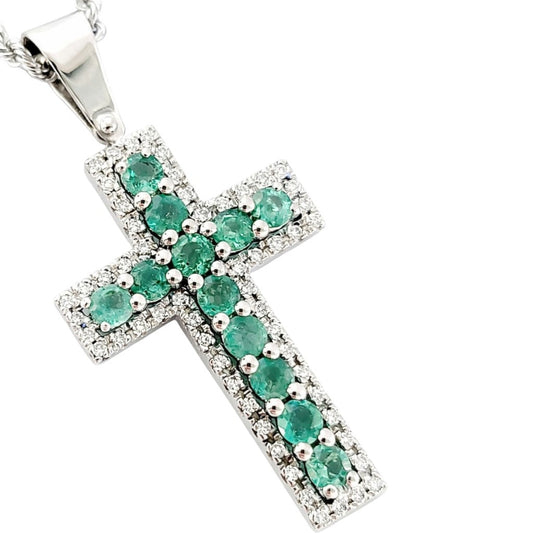 Collana croce con Smeraldi 1,45 ct e Diamanti 0,50 ct in oro bianco 18kt (750)
