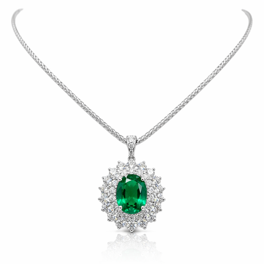 Collana con pendente smeraldo ovale ct 1,72 e diamanti ct 0,58 in oro bianco 18kt (750)