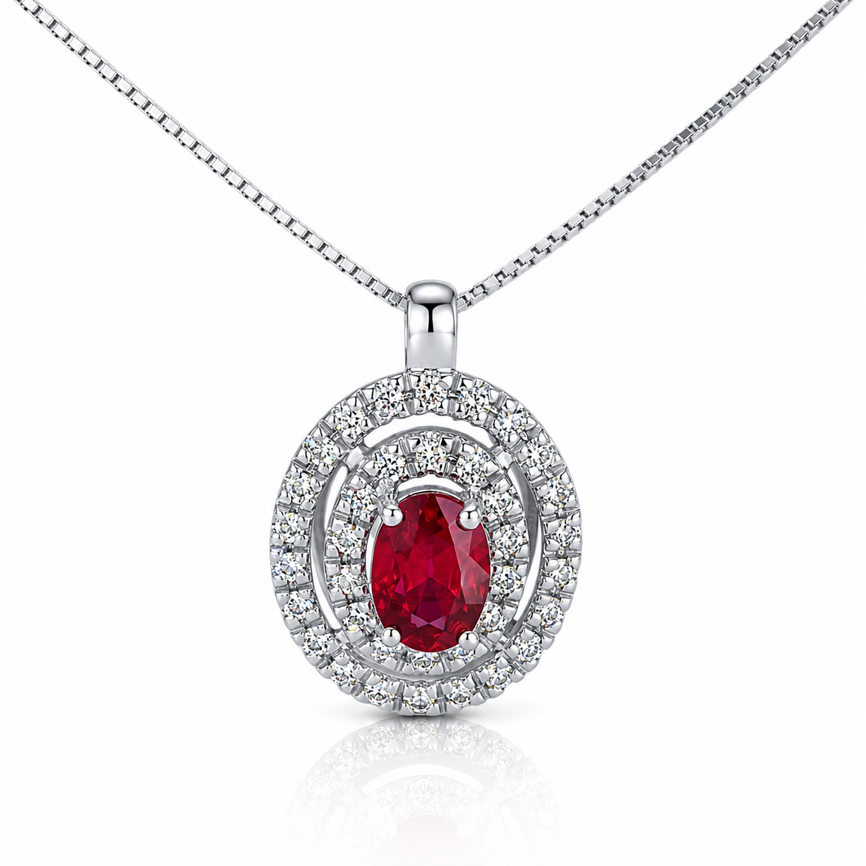 Collana con doppio giro di diamanti ct 0,40 e rubino ct 0,63 in oro bianco 18kt (750)