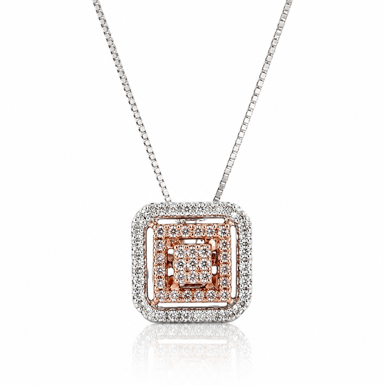 Collana con pendente quadrato pavé di diamanti ct 0,33 in oro bianco e oro rosa 18kt (750)