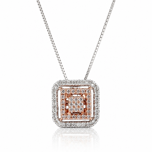 Collana con pendente quadrato pavé di diamanti ct 0,33 in oro bianco e oro rosa 18kt (750)