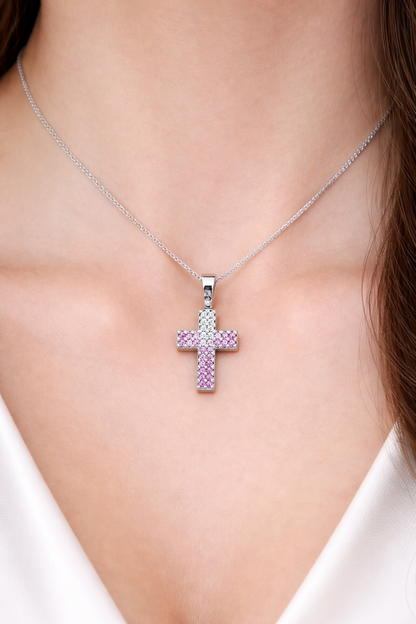 Collana con croce in pavè diamanti bianchi ct 0,14 zaffiro rosa ct 0,48 in oro bianco 18kt (750)