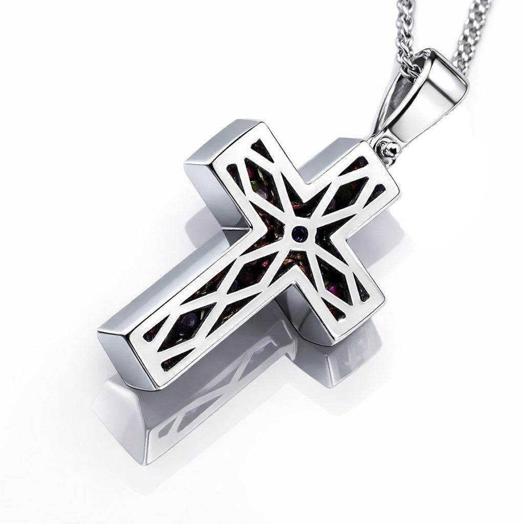 Collana con croce in pavè diamanti bianchi ct 0,14 zaffiro rosa ct 0,48 in oro bianco 18kt (750)