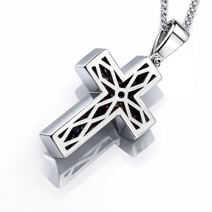 Collana con croce in pavè diamanti bianchi ct 0,14 zaffiro rosa ct 0,48 in oro bianco 18kt (750)