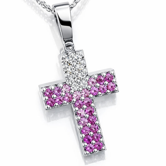 Collana con croce in pavè diamanti bianchi ct 0,14 zaffiro rosa ct 0,48 in oro bianco 18kt (750)