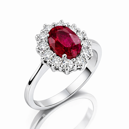 Anello con rubino ct 1,08 e diamanti ct 0,39 in oro bianco 18kt (750) certificato HRD Antwerp