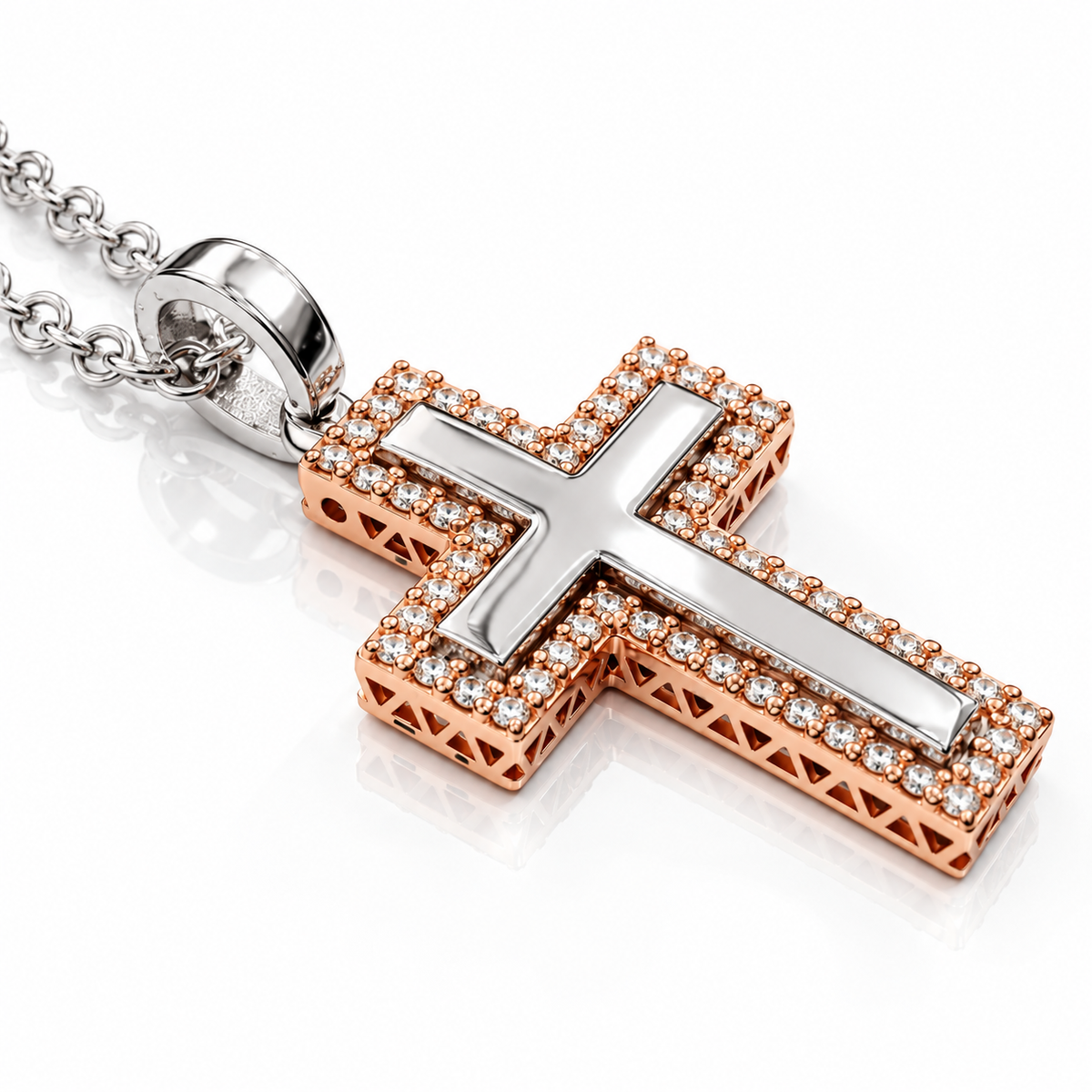 Collana Croce specchiata con diamanti ct 0,81 in oro bianco e rosa 18kt (750)