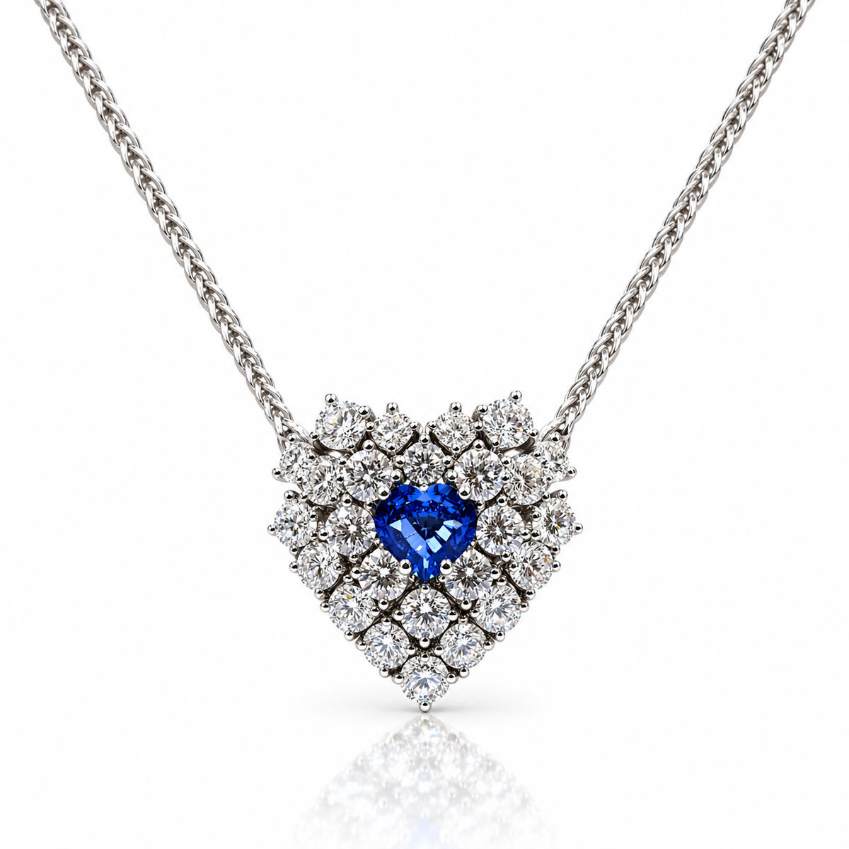 Collana cuore Astralia con zaffiro ct 1,05 e diamanti ct 2,72 in oro bianco 18kt (750) certificazione AIG MILAN