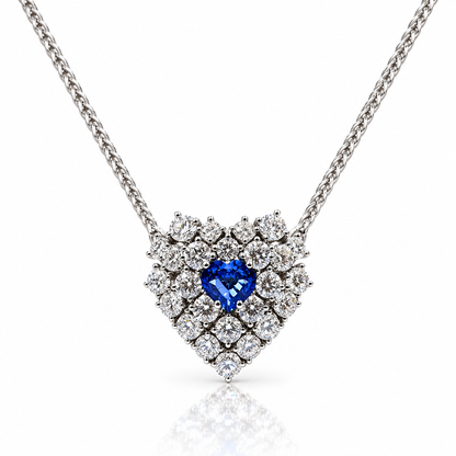 Collana cuore Astralia con zaffiro ct 1,05 e diamanti ct 2,72 in oro bianco 18kt (750) certificazione AIG MILAN